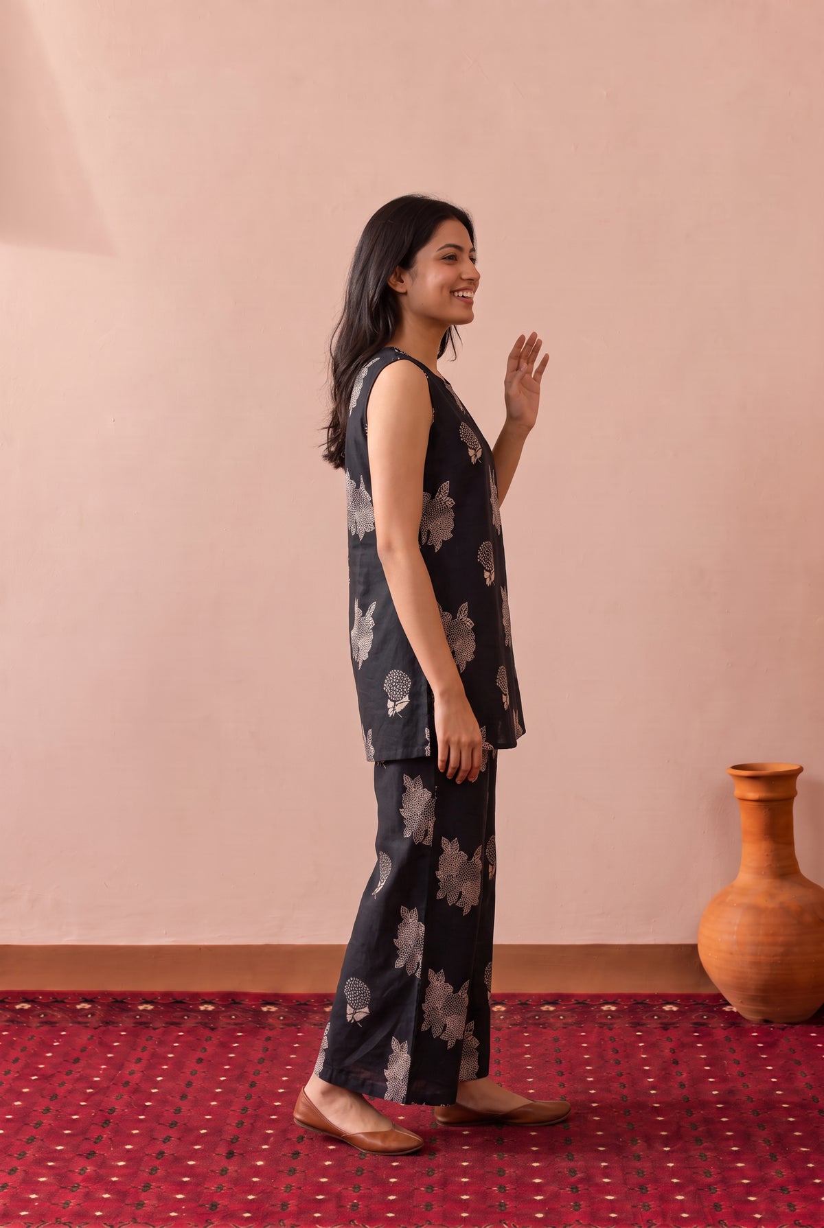 Black Botanical Buta Printed Cotton Co-ord Set