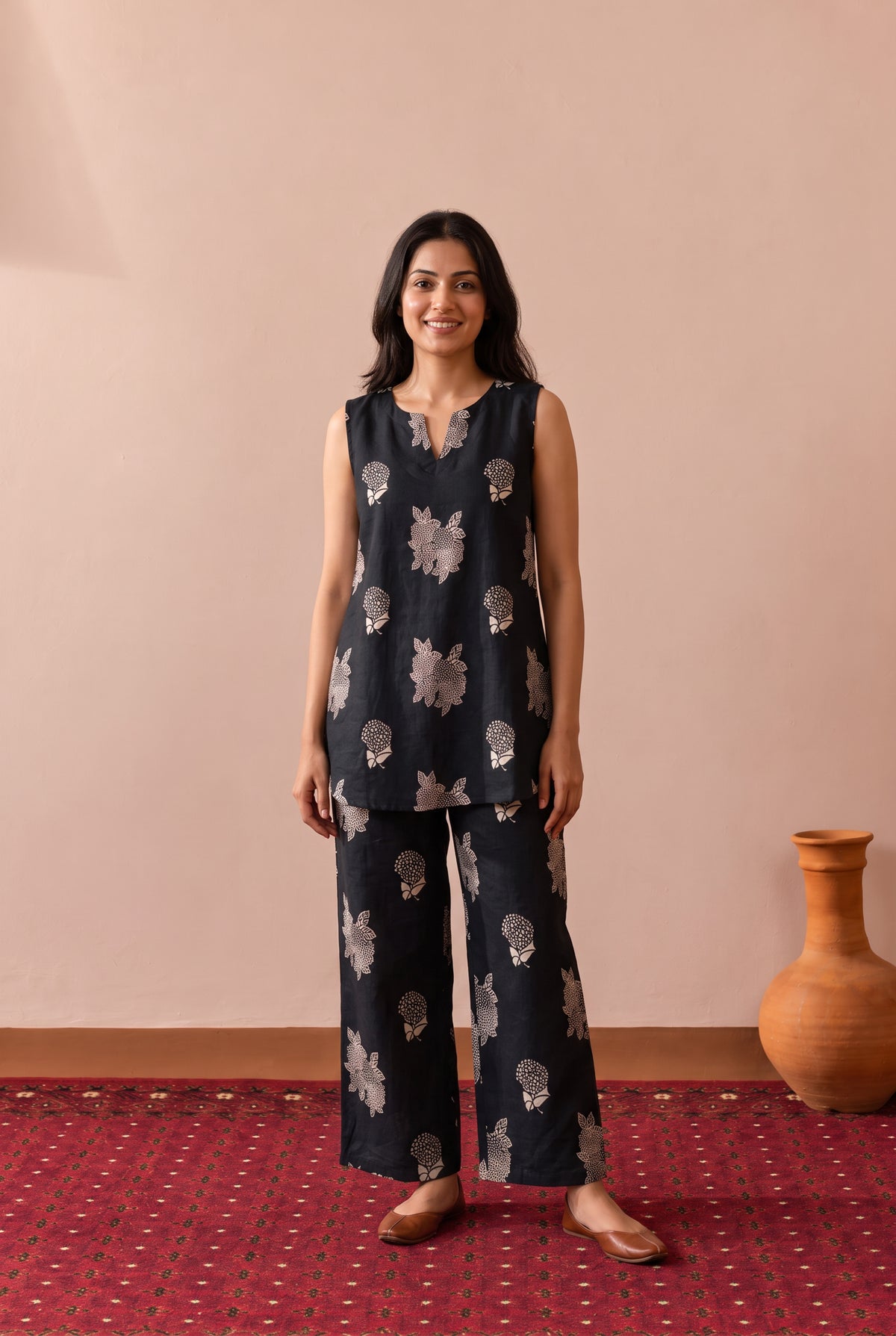 Black Botanical Buta Printed Cotton Co-ord Set