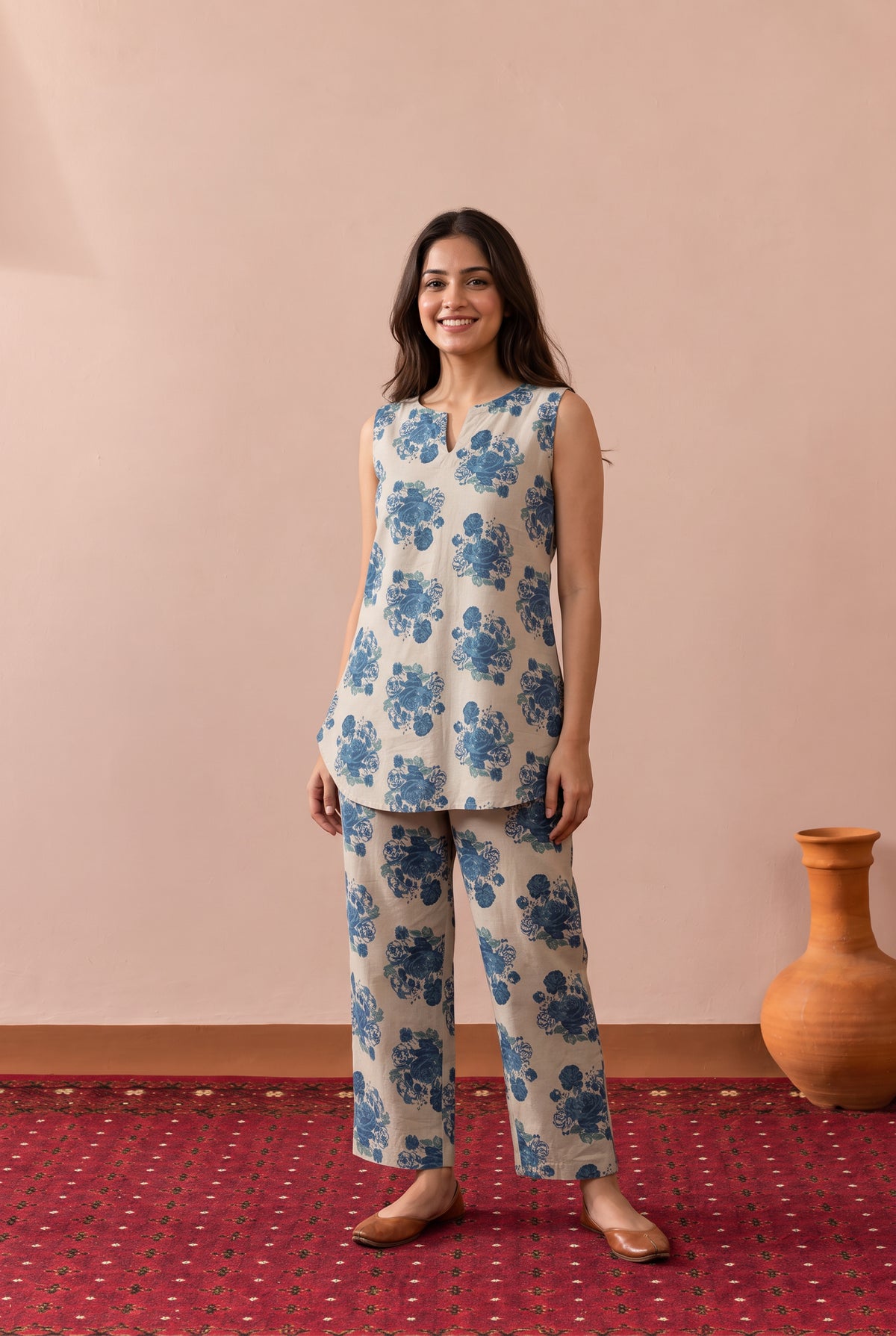 Blue Rose Bouquet Printed Cotton Co-ord Set