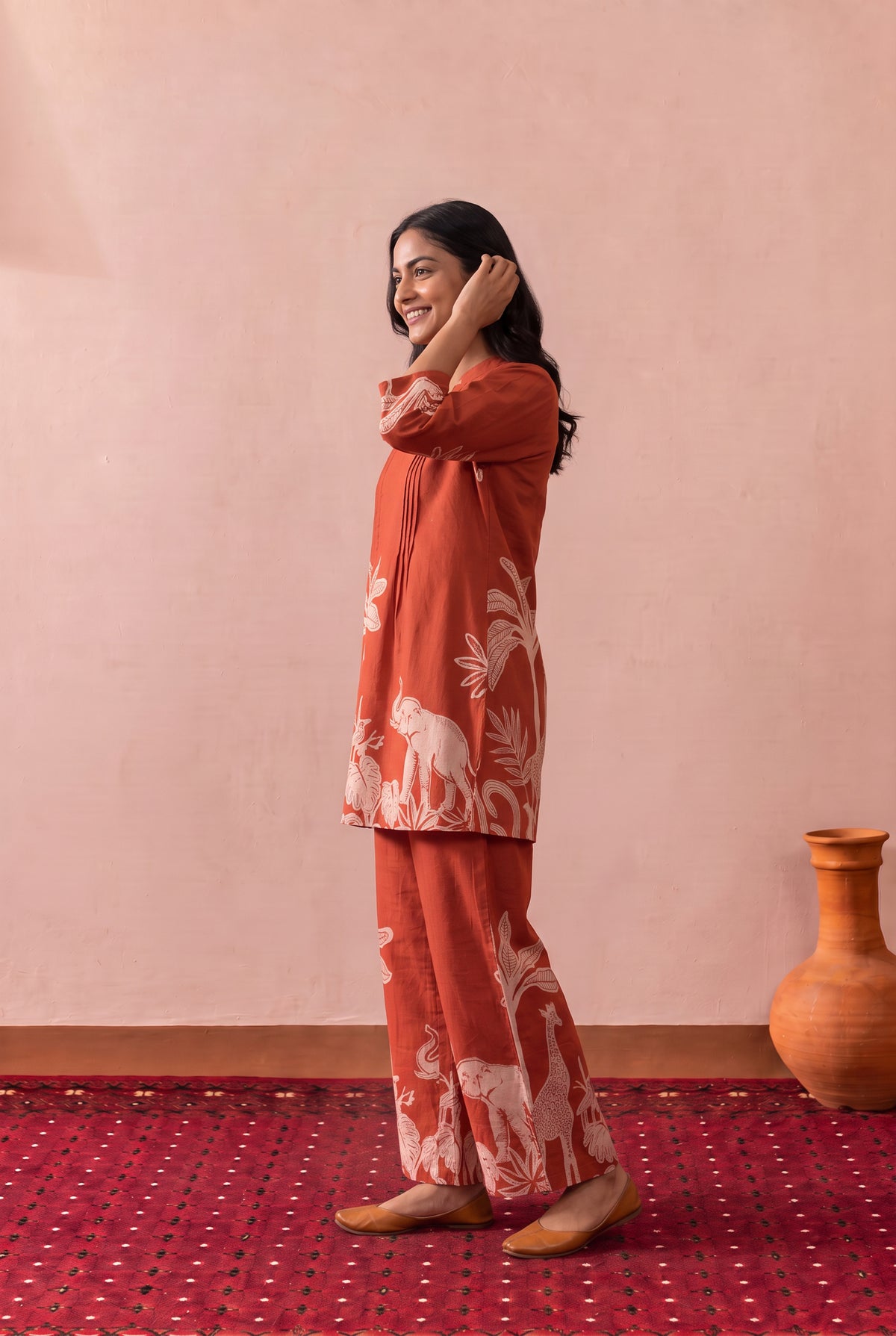 Rust Tropical Nature And Wildlife Printed Cotton Co-ord Set