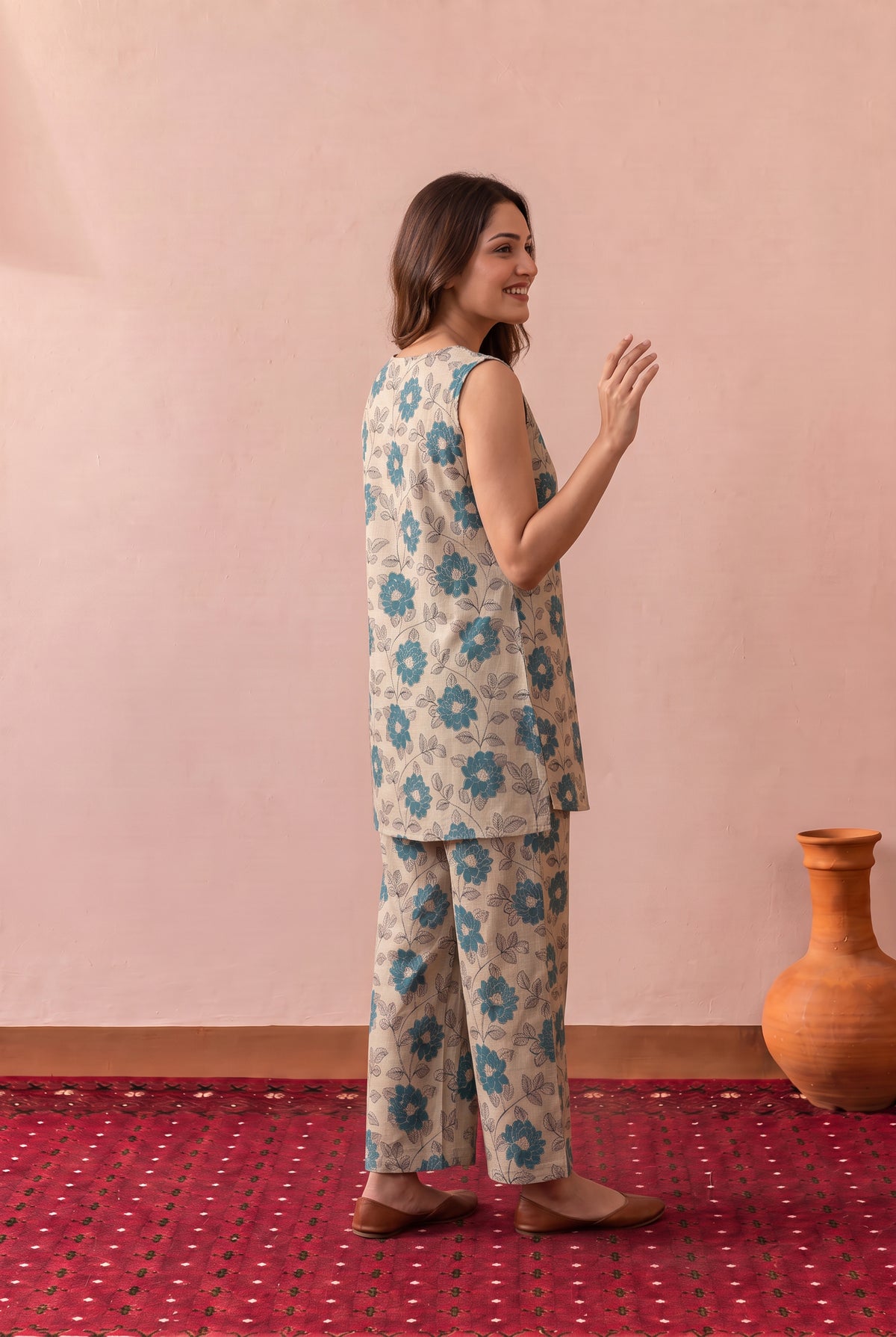 Beige Vintage Floral Printed Cotton Co-ord Set