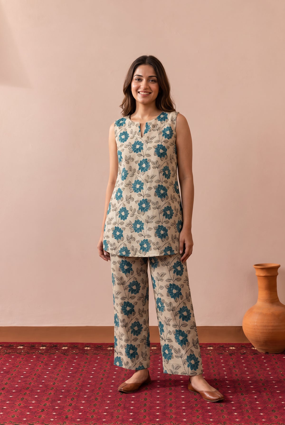 Beige Vintage Floral Printed Cotton Co-ord Set
