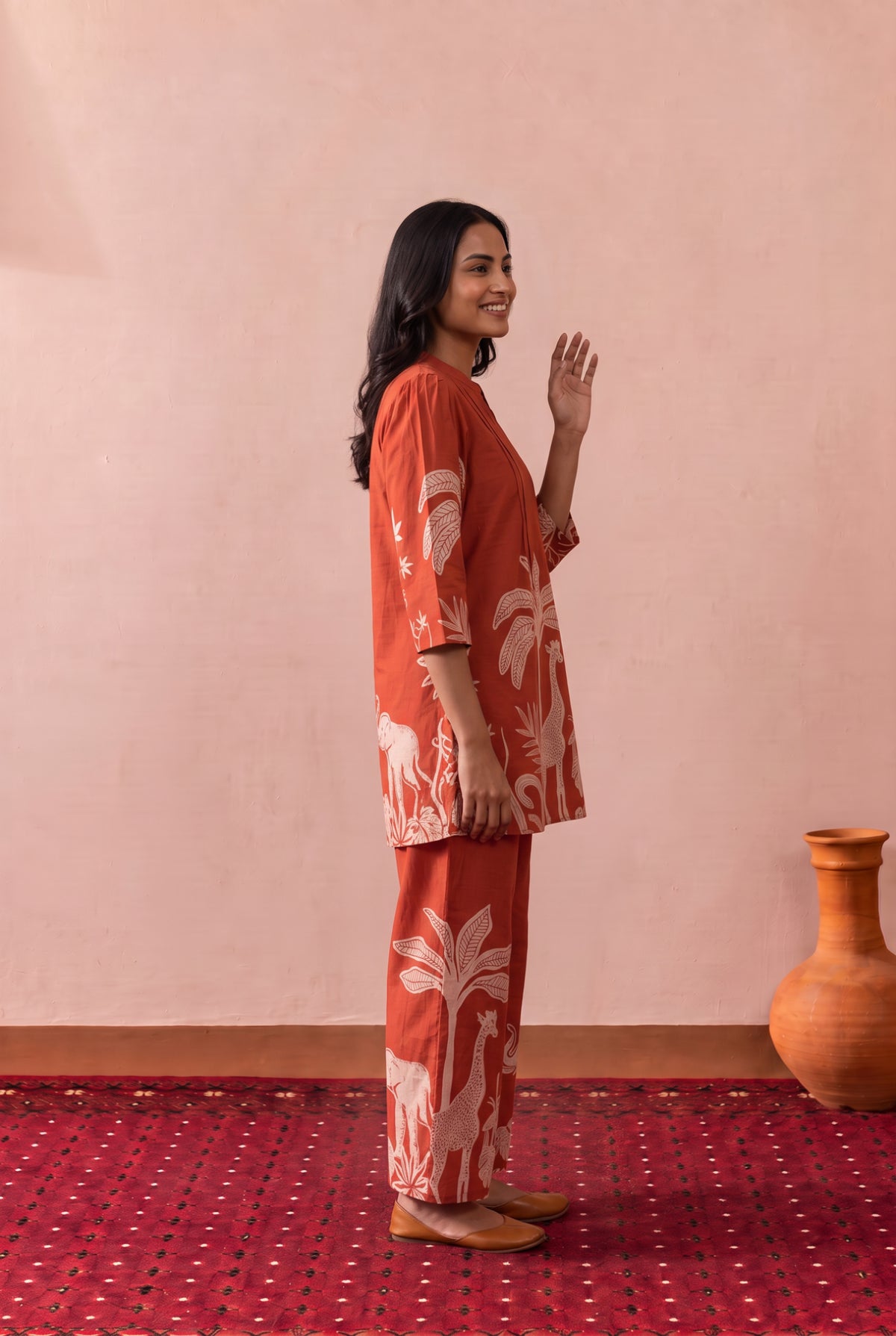 Rust Tropical Nature And Wildlife Printed Cotton Co-ord Set