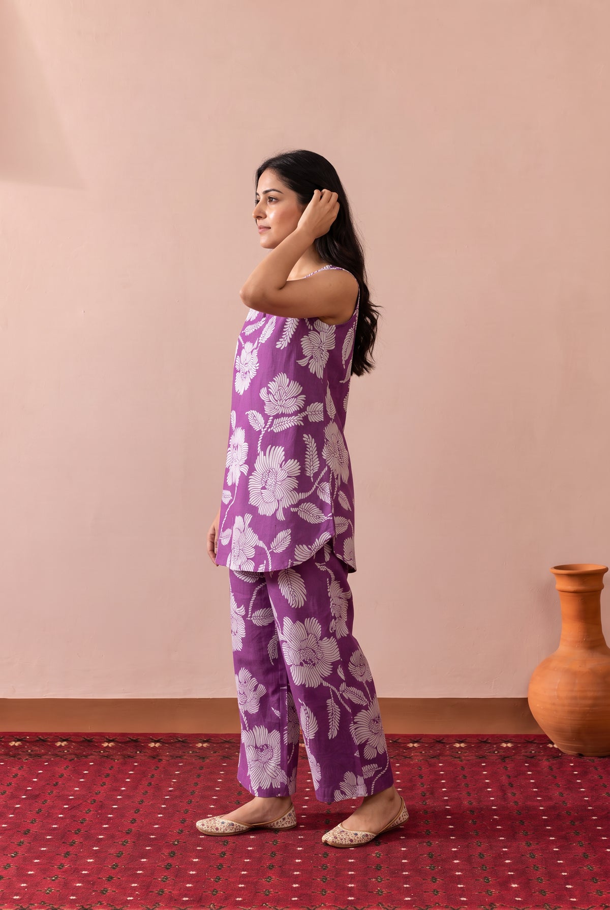 Purple Chrysanthemum Floral Printed Cotton Co-ord Set