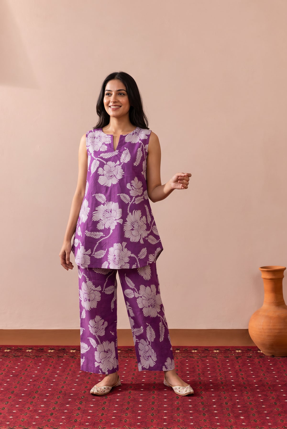 Purple Chrysanthemum Floral Printed Cotton Co-ord Set