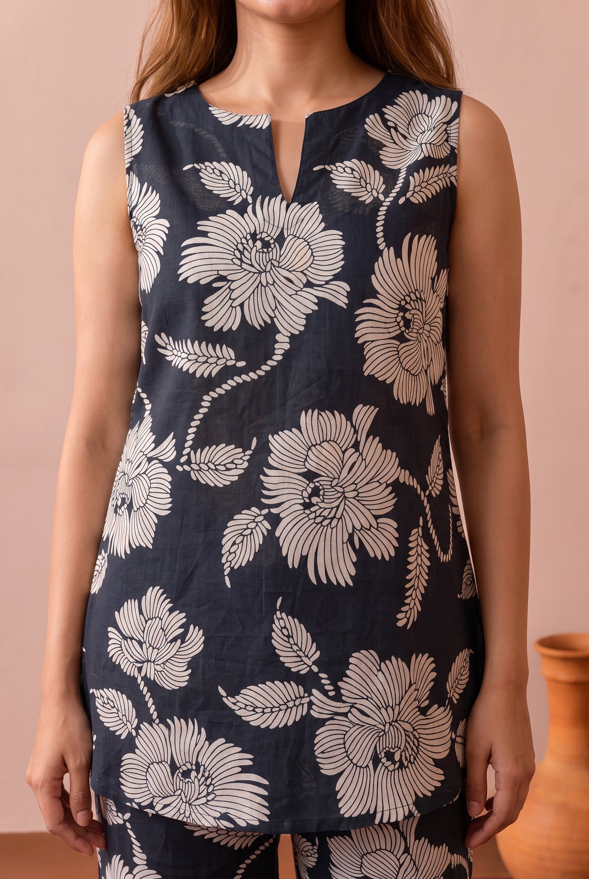 Black Large Floral Motif Printed Cotton Co-ord Set