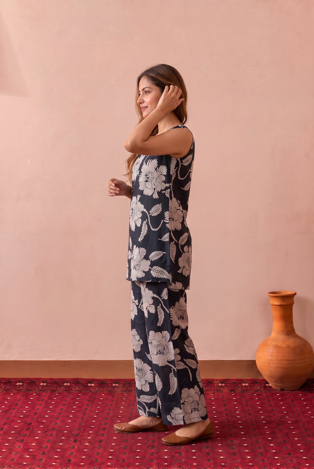 Black Large Floral Motif Printed Cotton Co-ord Set