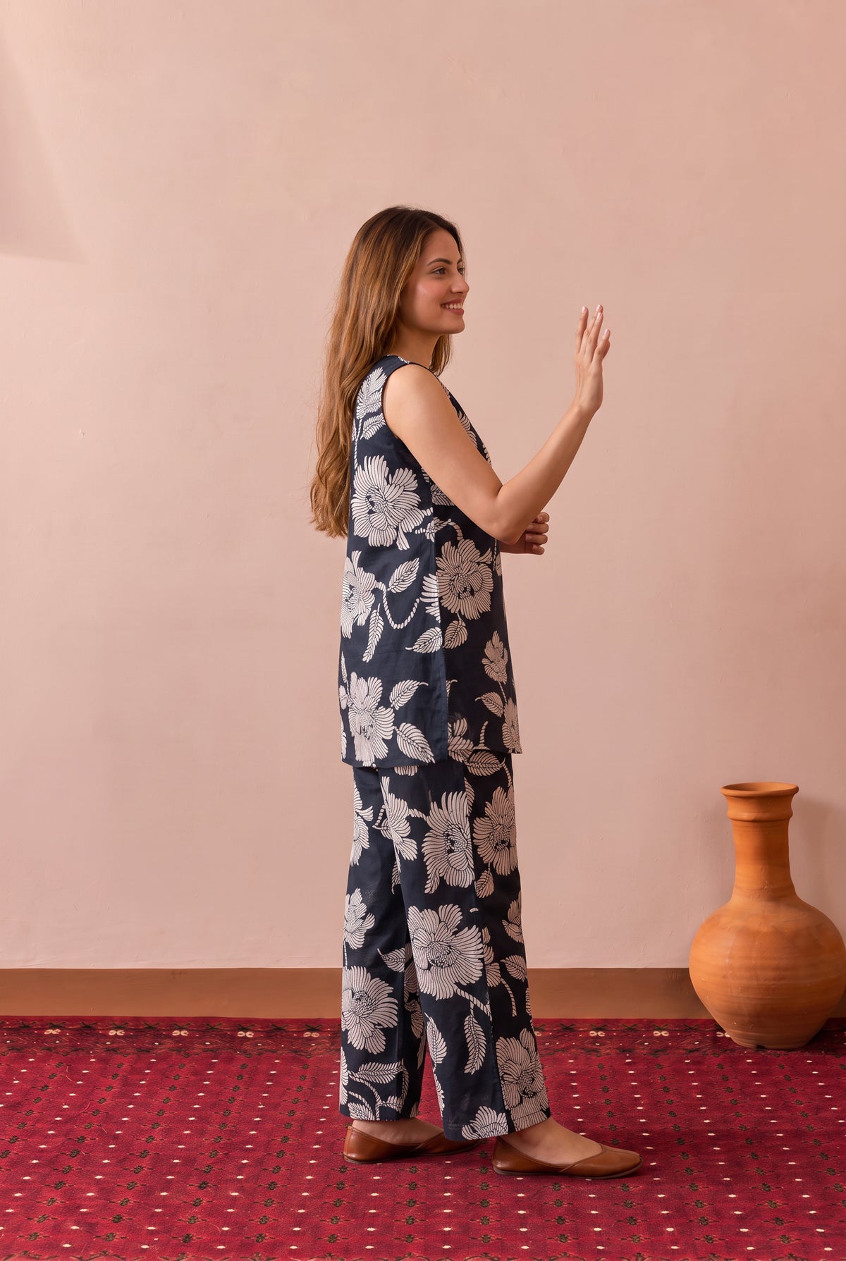 Black Large Floral Motif Printed Cotton Co-ord Set