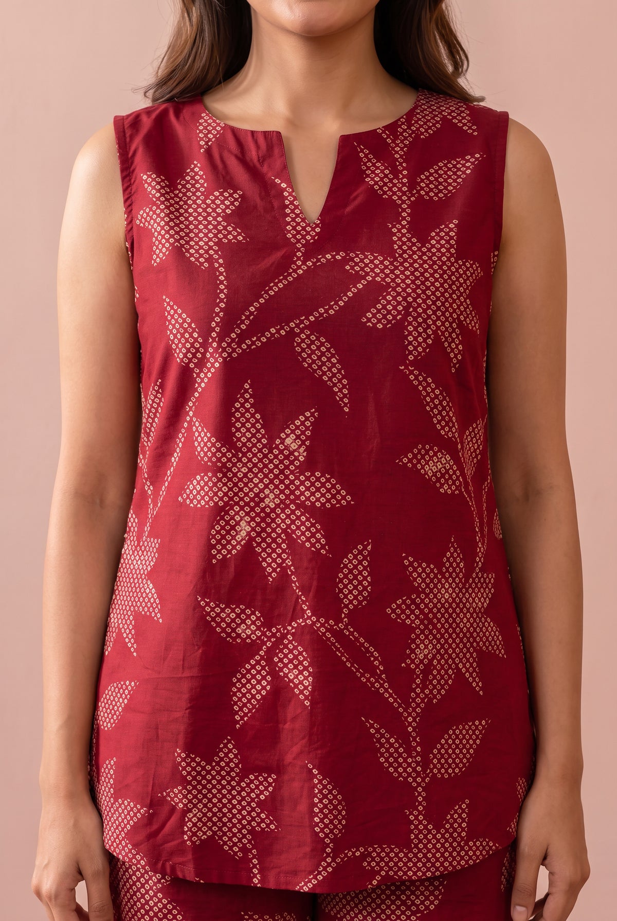 Red Leaf and Flower Printed Cotton Co-ord Set