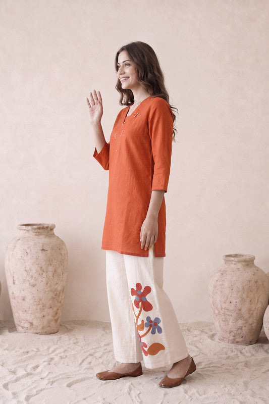 Rust Embellished Floral Cotton Flex Co-ord Set