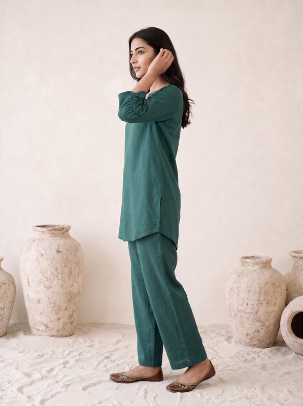 Teal Green Solid Russian silk Co-Ord Set