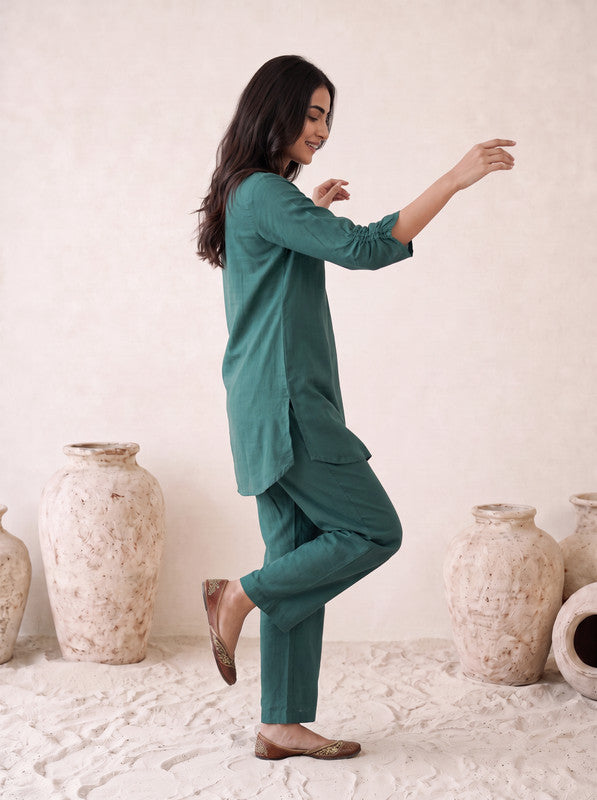 Teal Green Solid Russian silk Co-Ord Set