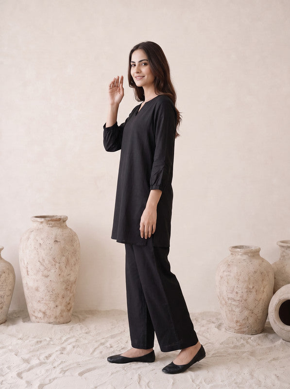 Black Solid Russian silk Co-Ord Set