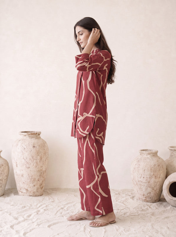 Maroon Abstract Printed Cotton Co-Ord Set