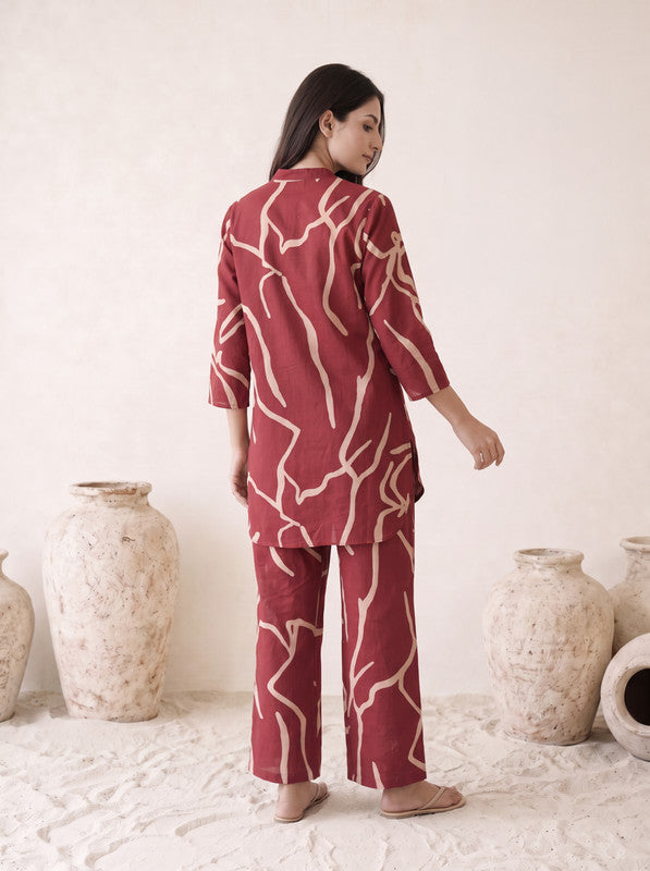 Maroon Abstract Printed Cotton Co-Ord Set
