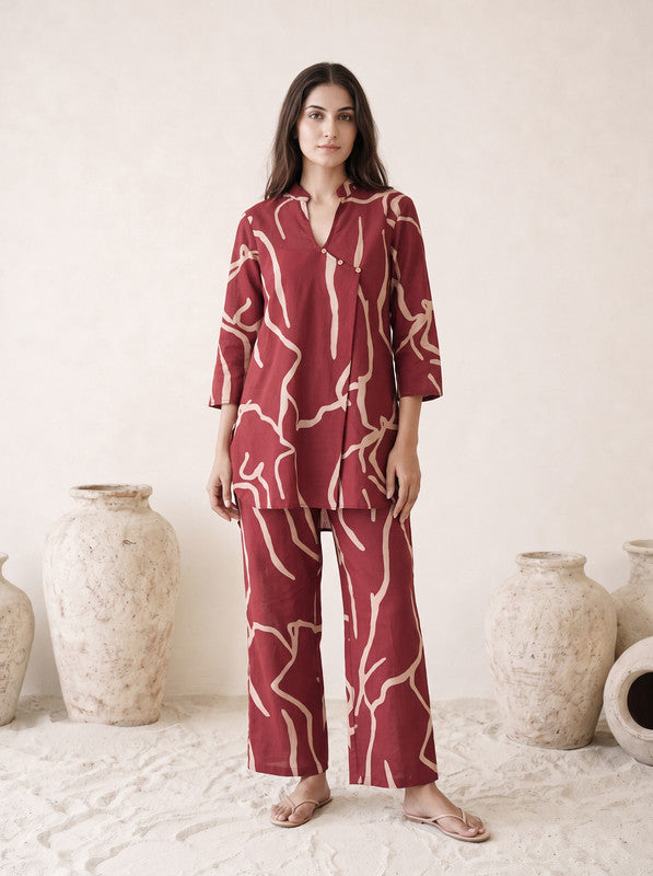 Maroon Abstract Printed Cotton Co-Ord Set