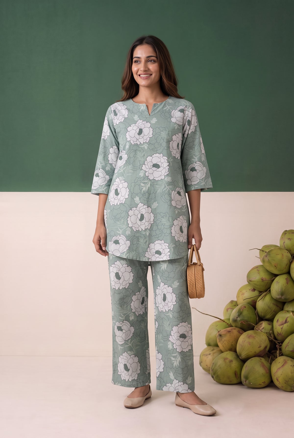Green All Over Floral Printed Cotton Co-ord Set