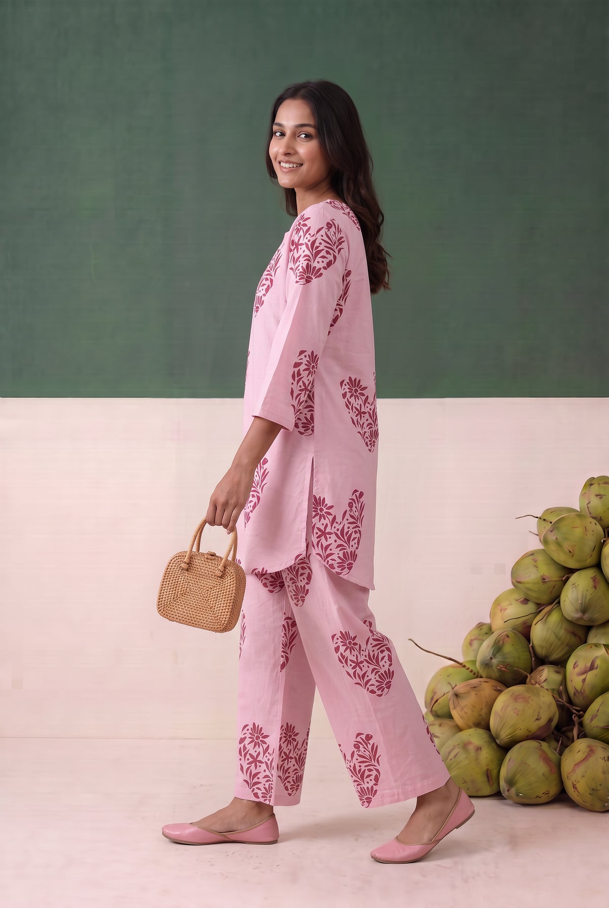 Pink Floral Pattern Printed Cotton Co-ord Set