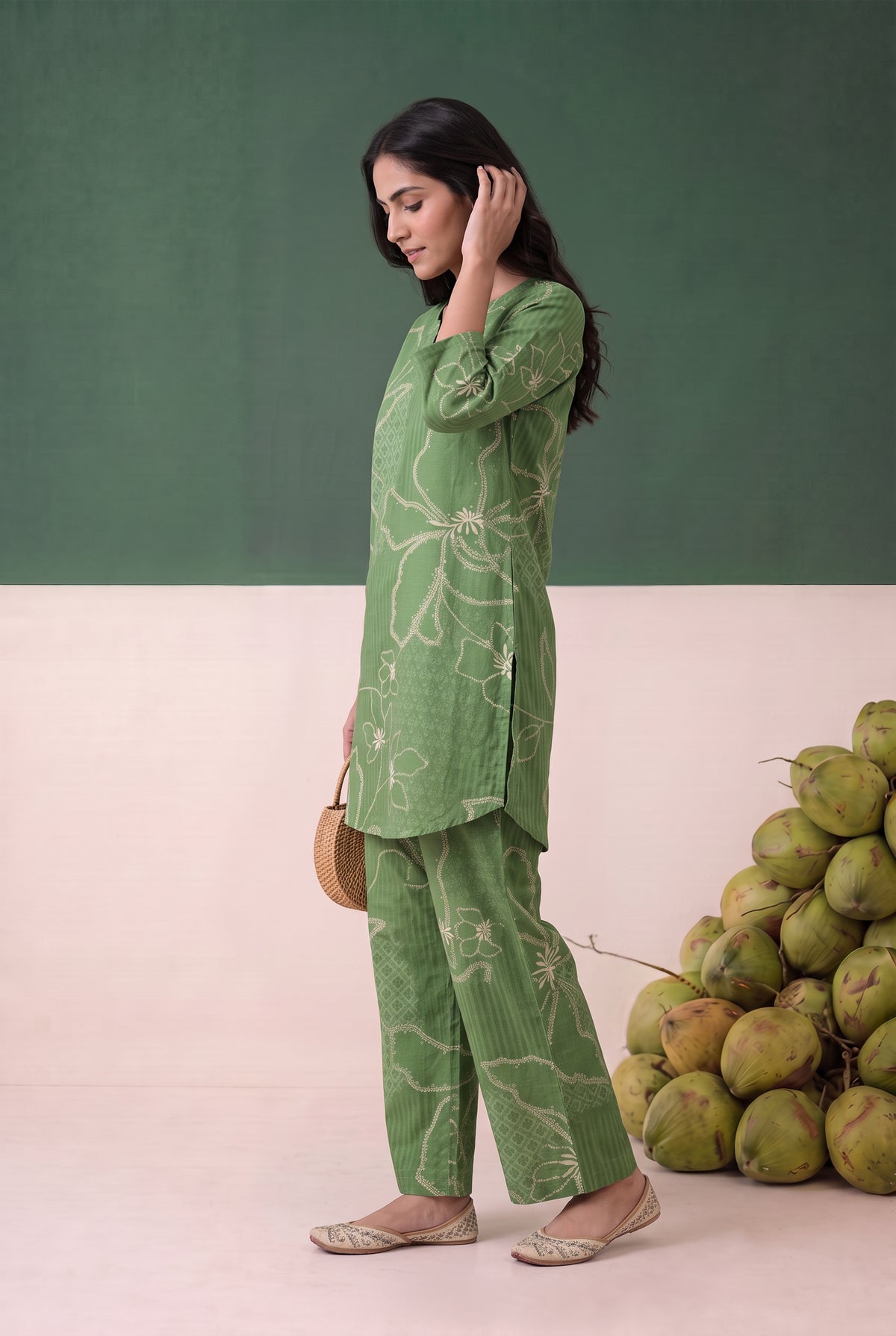 Green Floral Line Printed Cotton Flex Co-ord Set