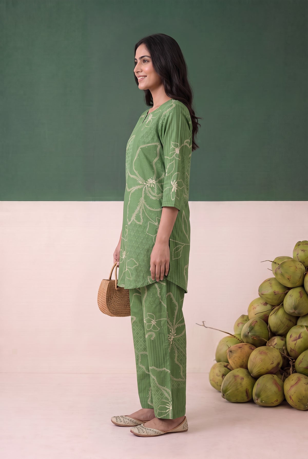 Green Floral Line Printed Cotton Flex Co-ord Set