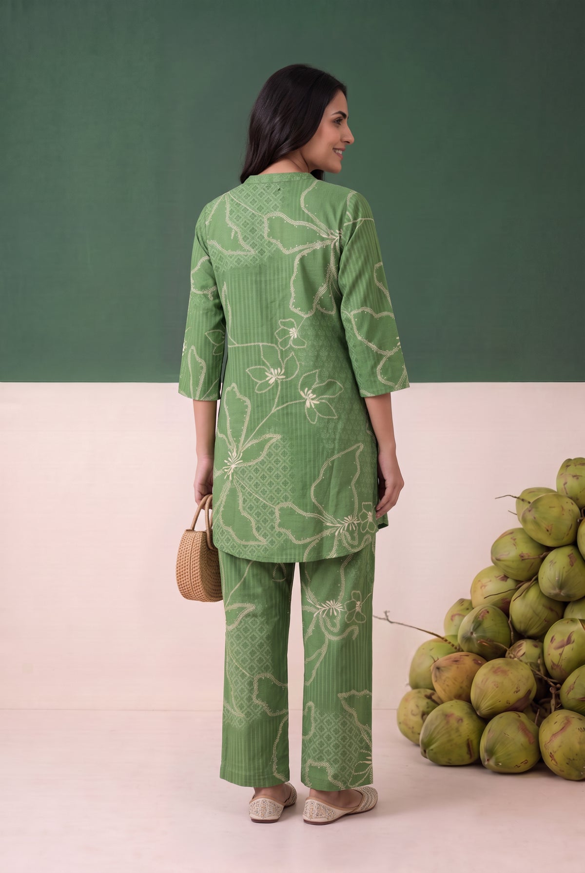 Green Floral Line Printed Cotton Flex Co-ord Set
