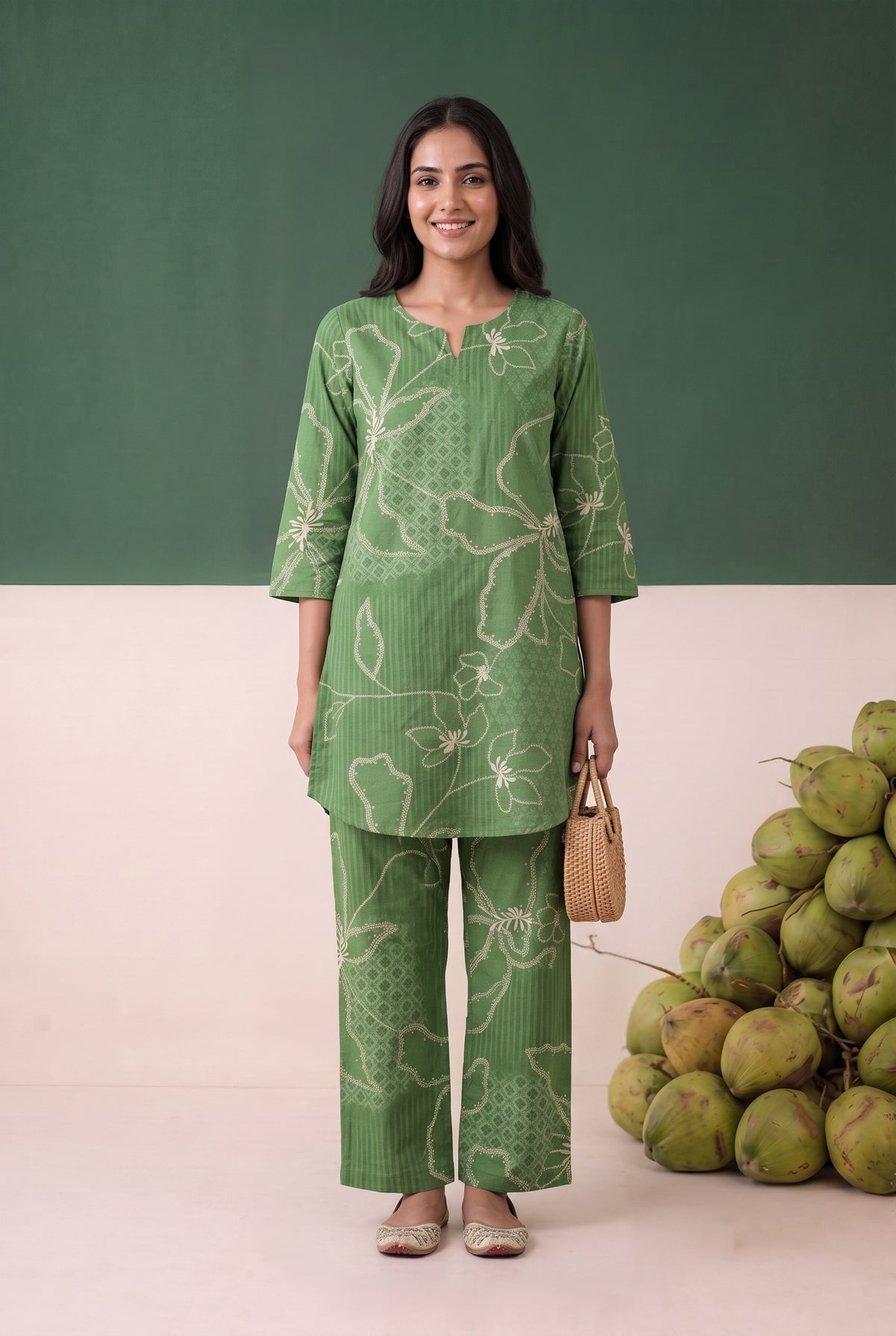 Green Floral Line Printed Cotton Flex Co-ord Set