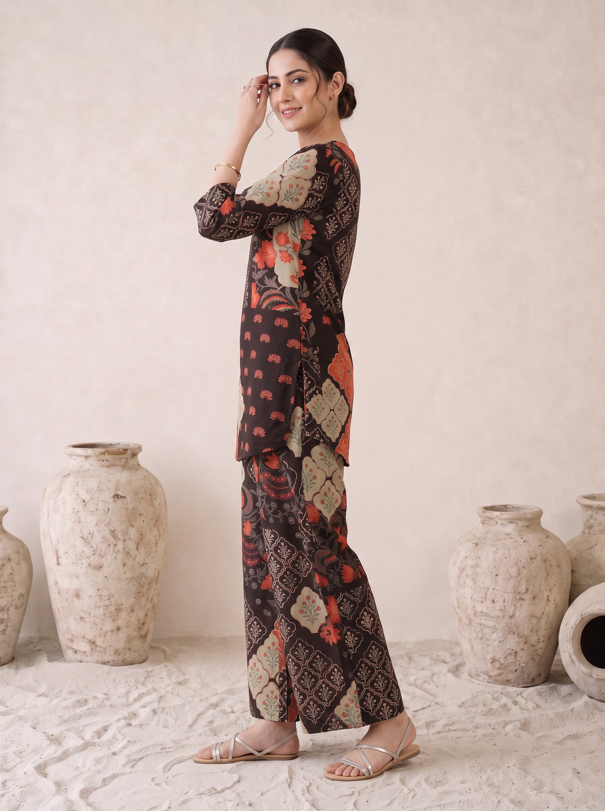 Black Ethnic Traditional Print Top and Pant Cotton Co-ord Set