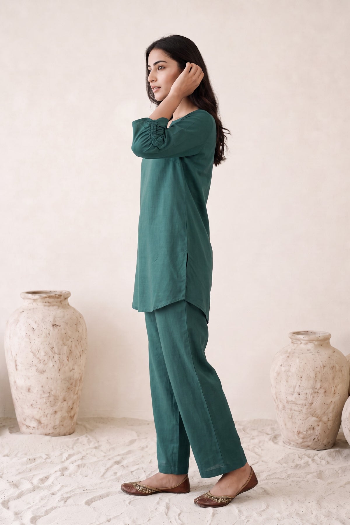 Teal Green Solid Russian silk Co-Ord Set