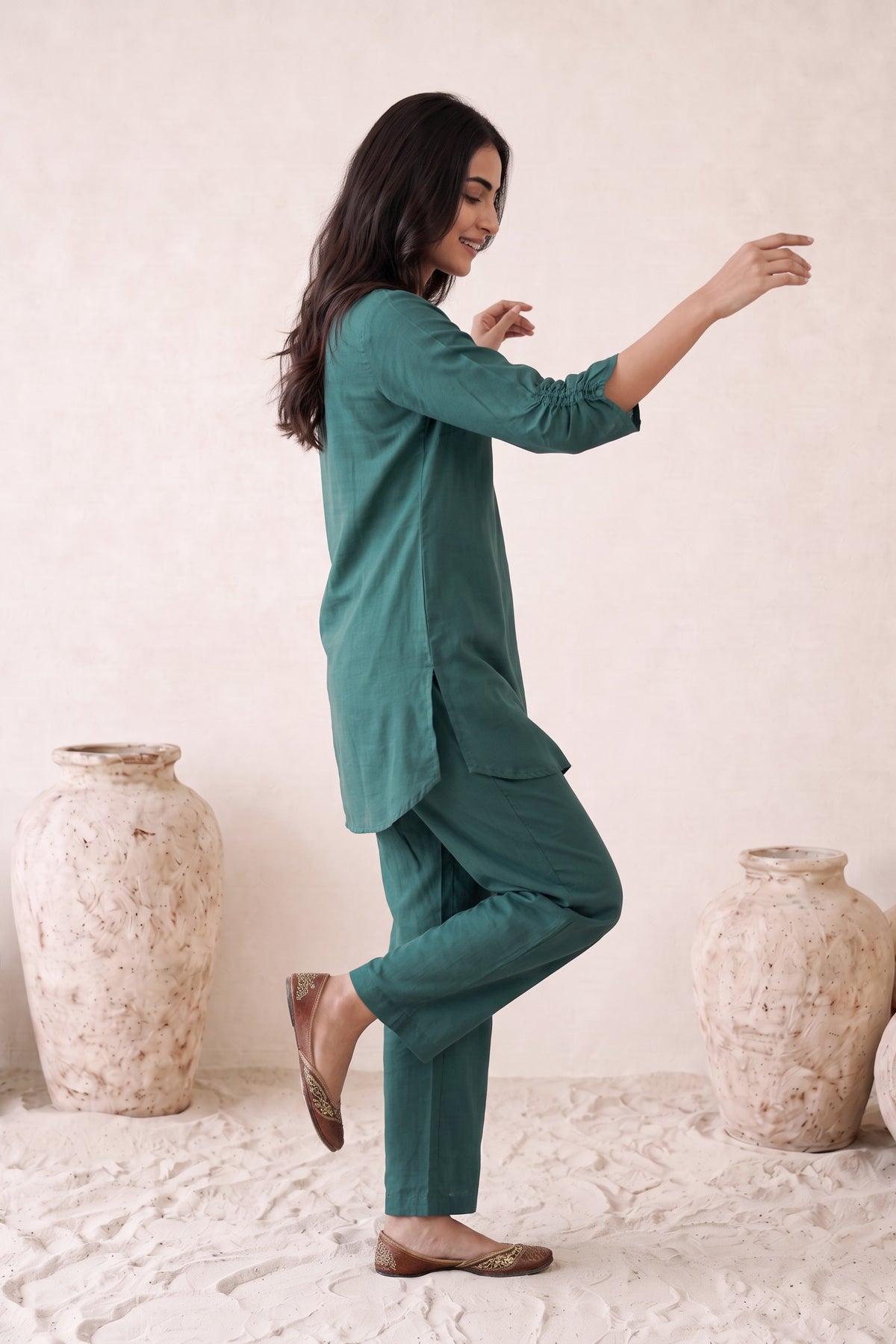 Teal Green Solid Russian silk Co-Ord Set