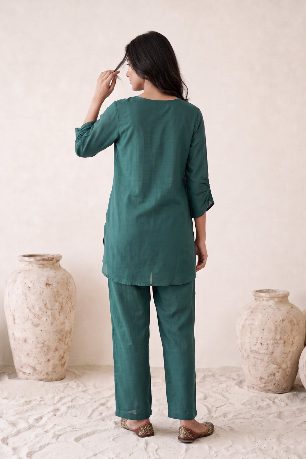 Teal Green Solid Russian silk Co-Ord Set