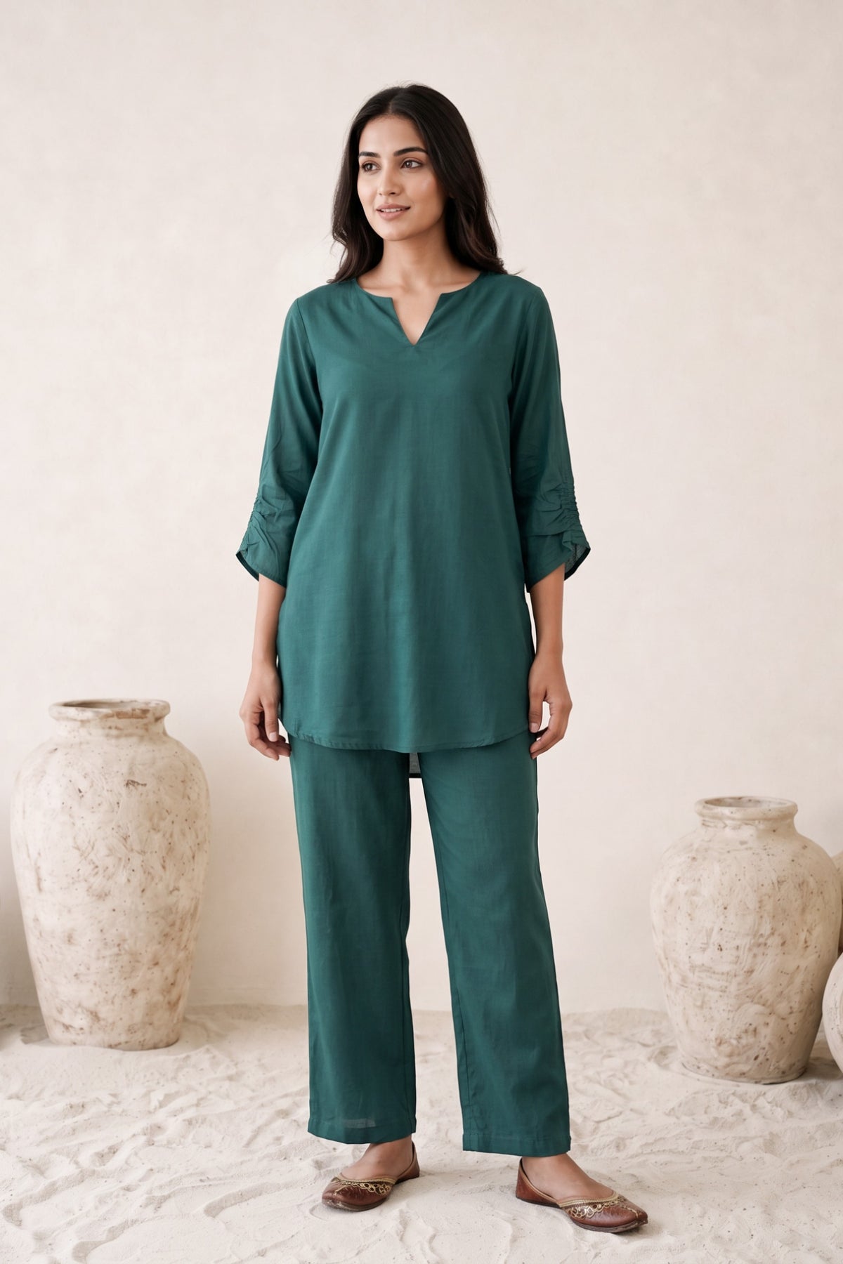 Teal Green Solid Russian silk Co-Ord Set