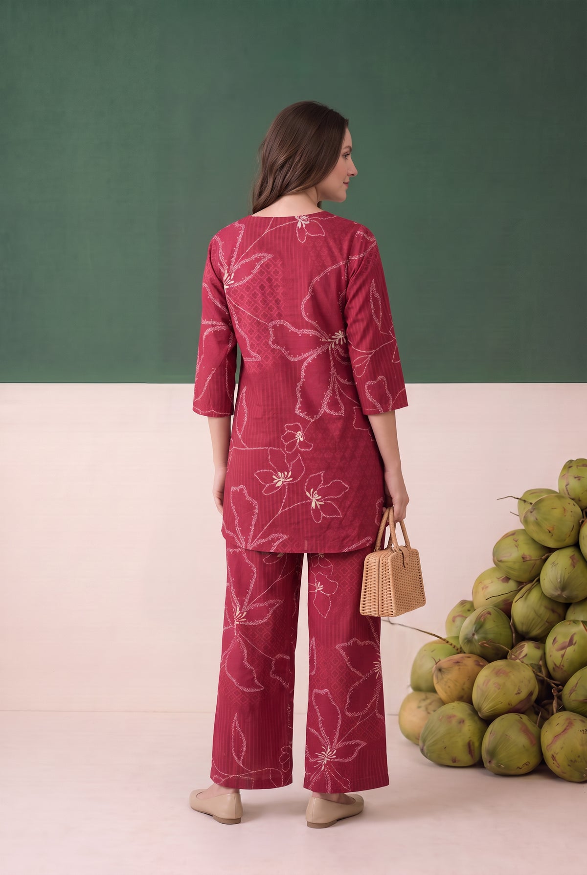 Red Abstract Floral Printed Cotton Flex Co-ord Set