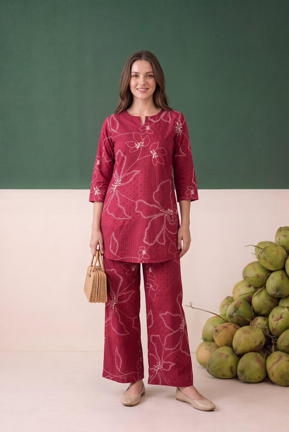 Red Abstract Floral Printed Cotton Flex Co-ord Set