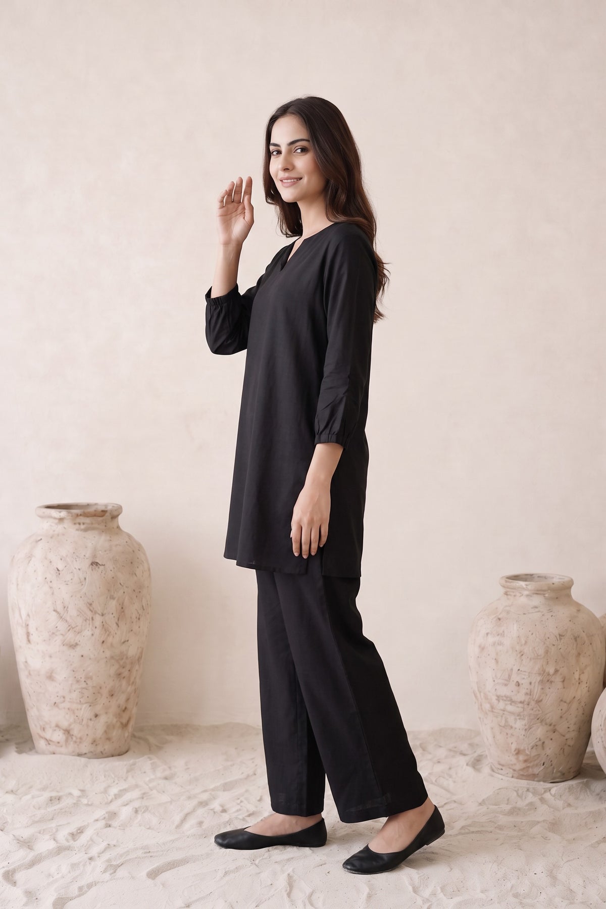 Black Solid Russian silk Co-Ord Set