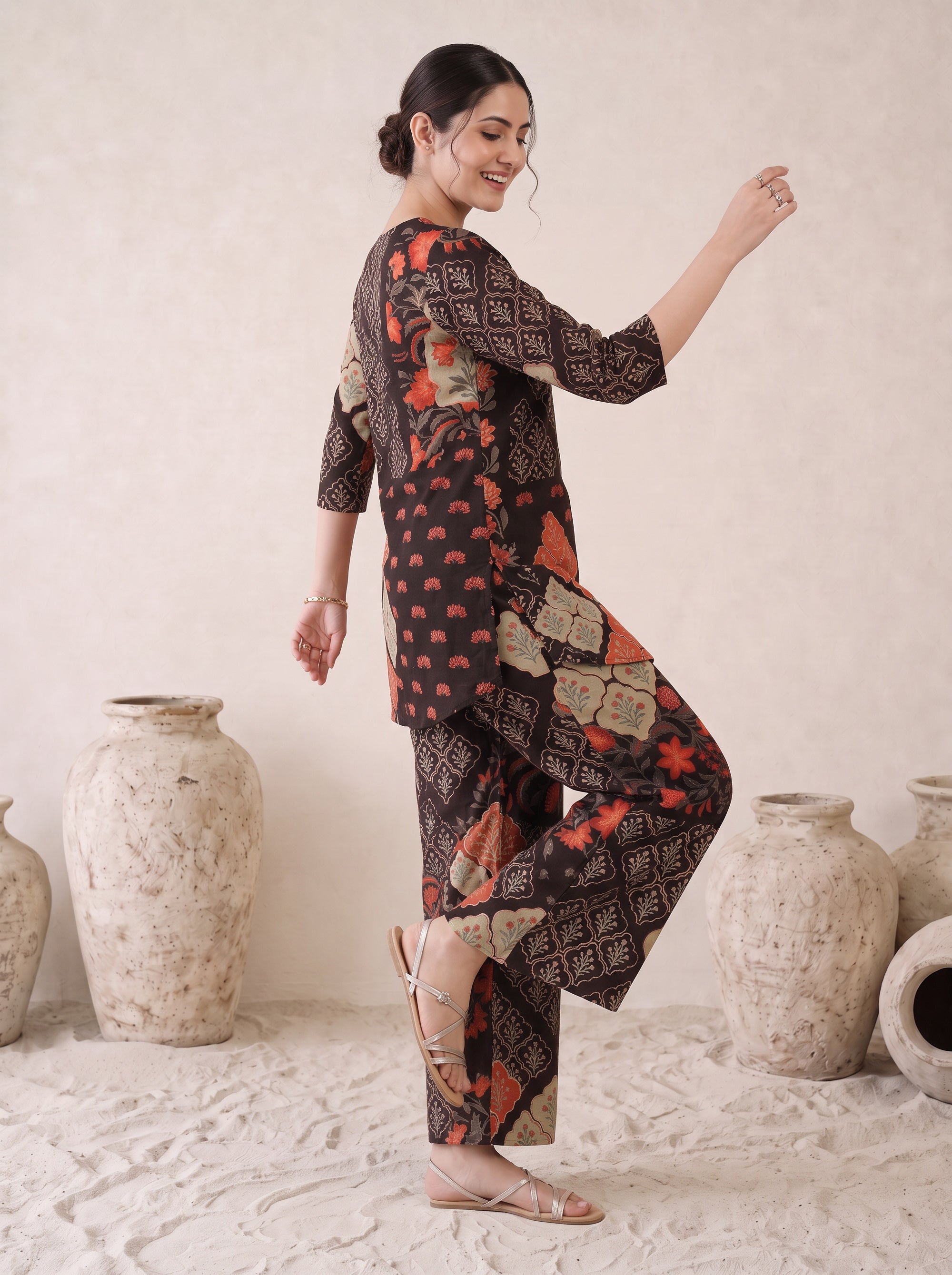 Black Ethnic Traditional Print Top and Pant Cotton Co-ord Set