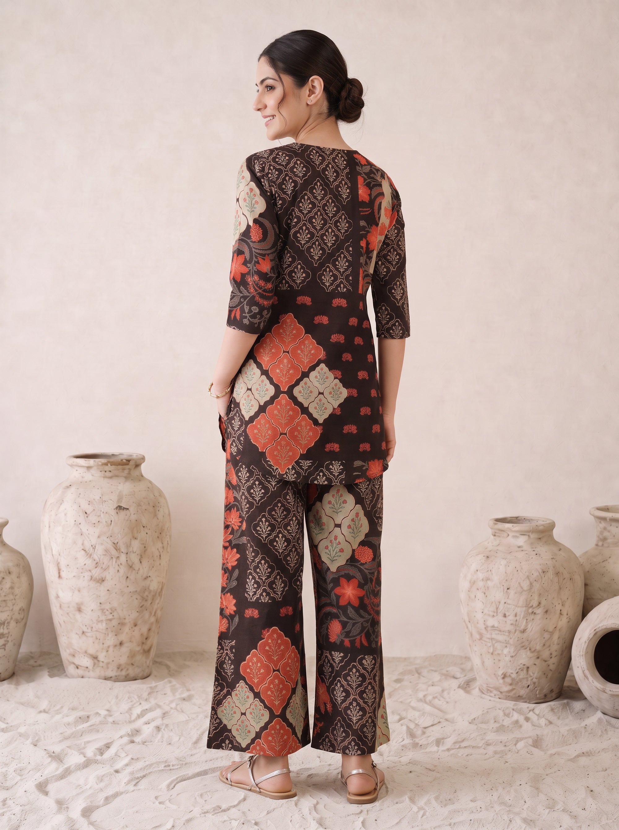 Black Ethnic Traditional Print Top and Pant Cotton Co-ord Set