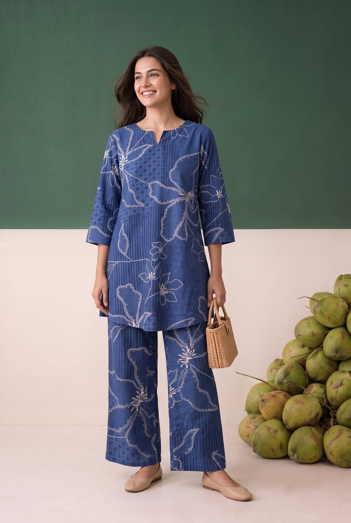 Blue Abstract Floral Printed Cotton Flex Co-ord Set