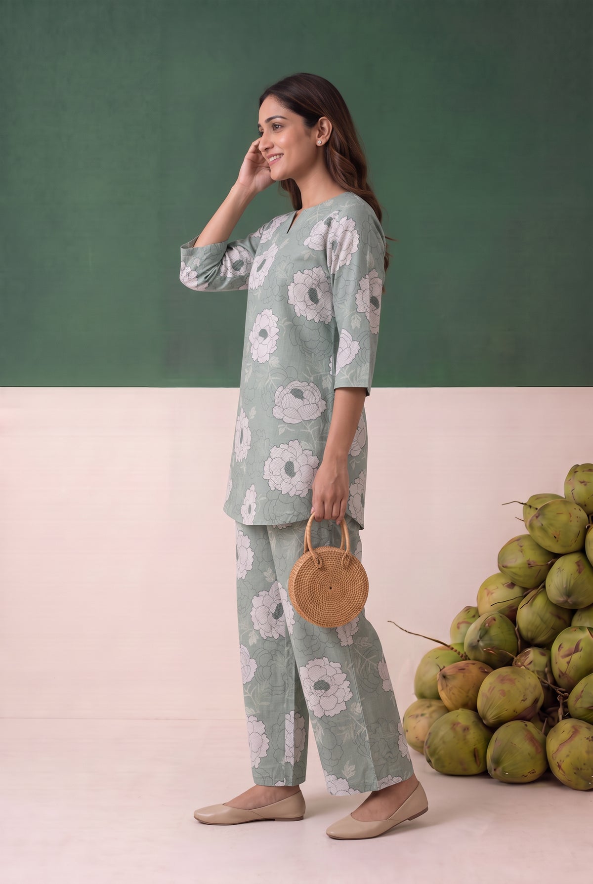 Green All Over Floral Printed Cotton Co-ord Set
