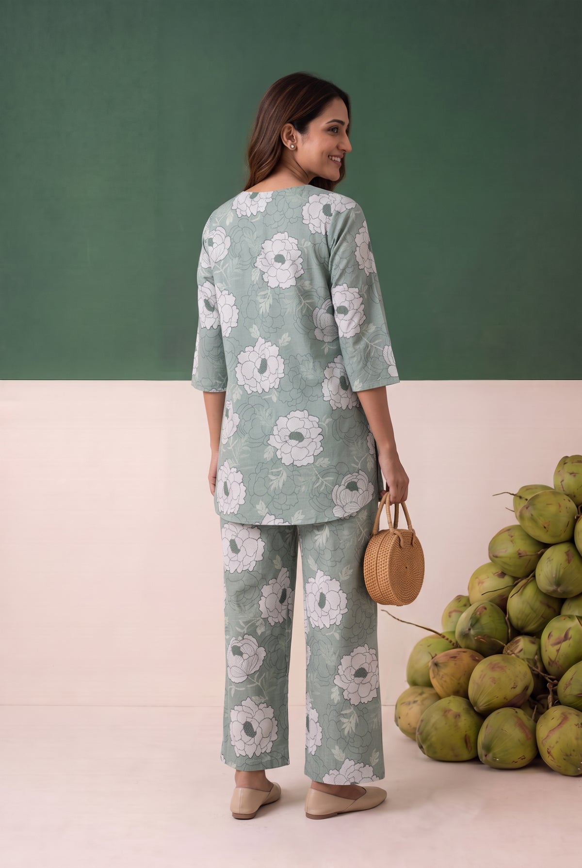 Green All Over Floral Printed Cotton Co-ord Set