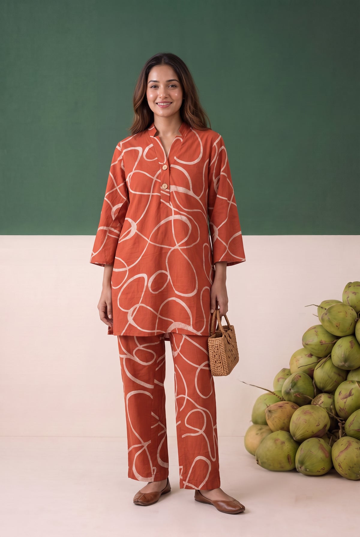 Rust Abstract Line Printed Cotton Co-ord Set