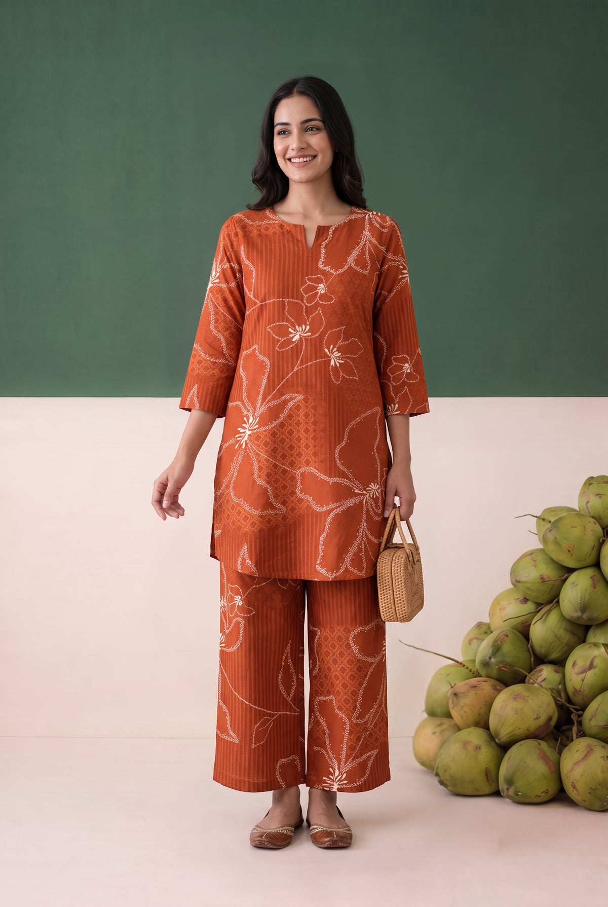 Rust Floral Pattern Line Printed Cotton Flex Co-ord Set