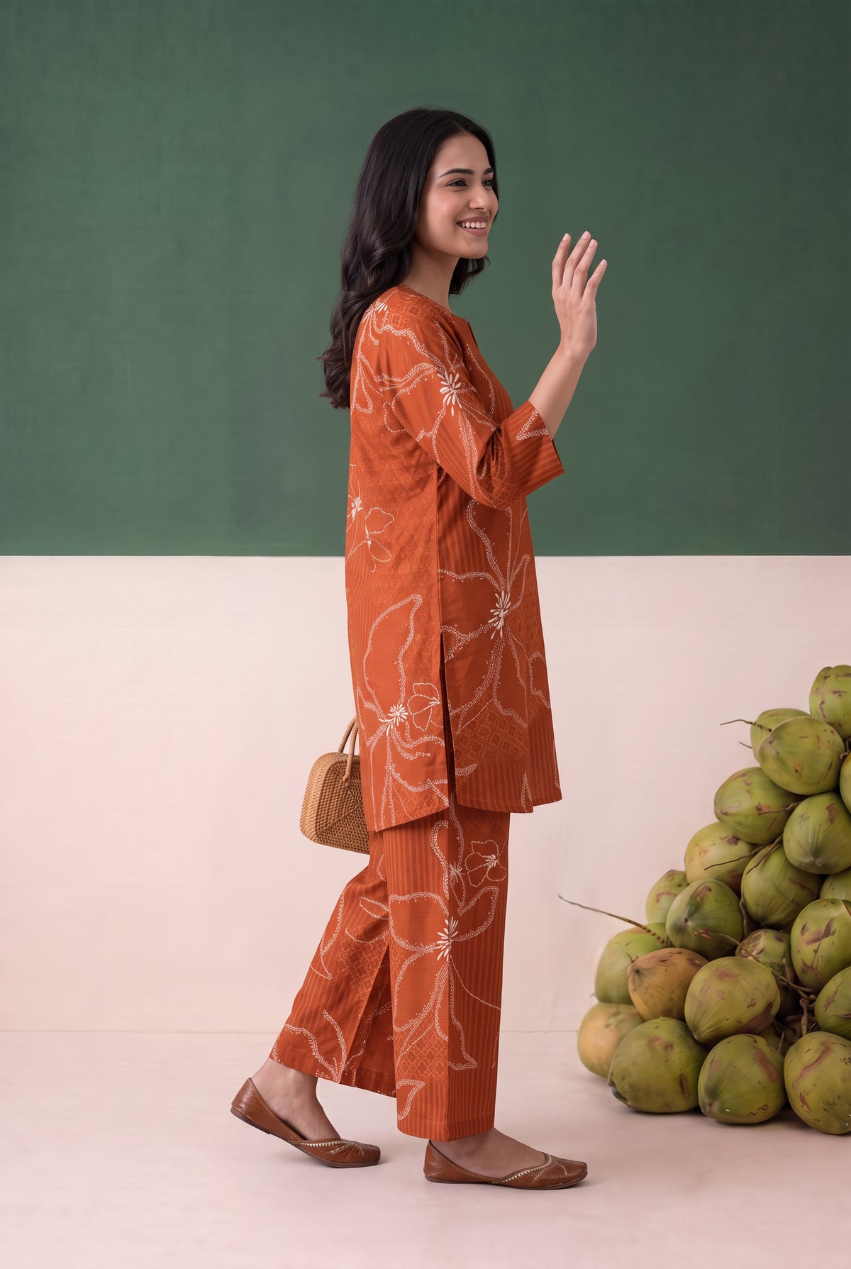 Rust Floral Pattern Line Printed Cotton Flex Co-ord Set