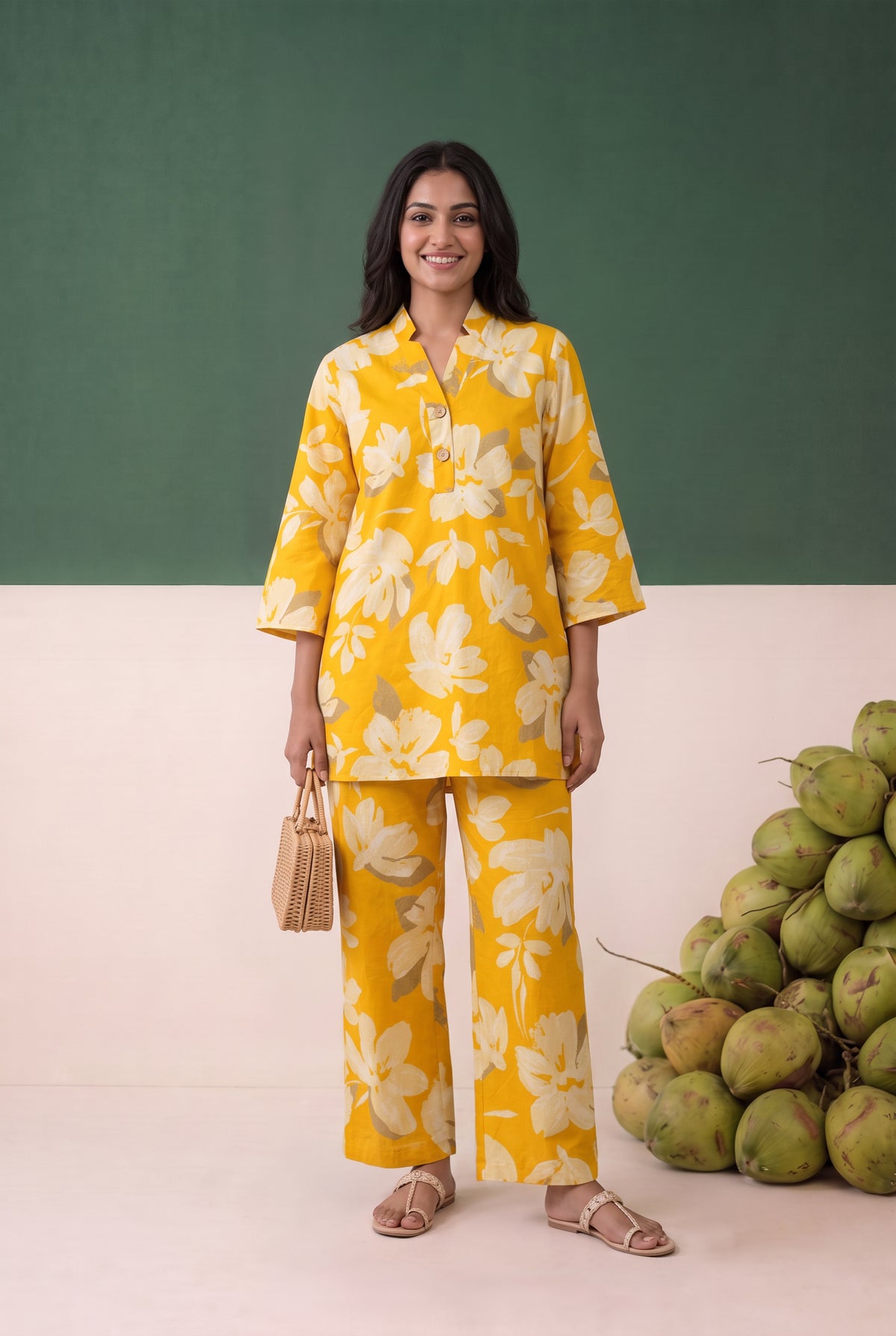 Yellow Floral Printed Cotton Co-ord Set