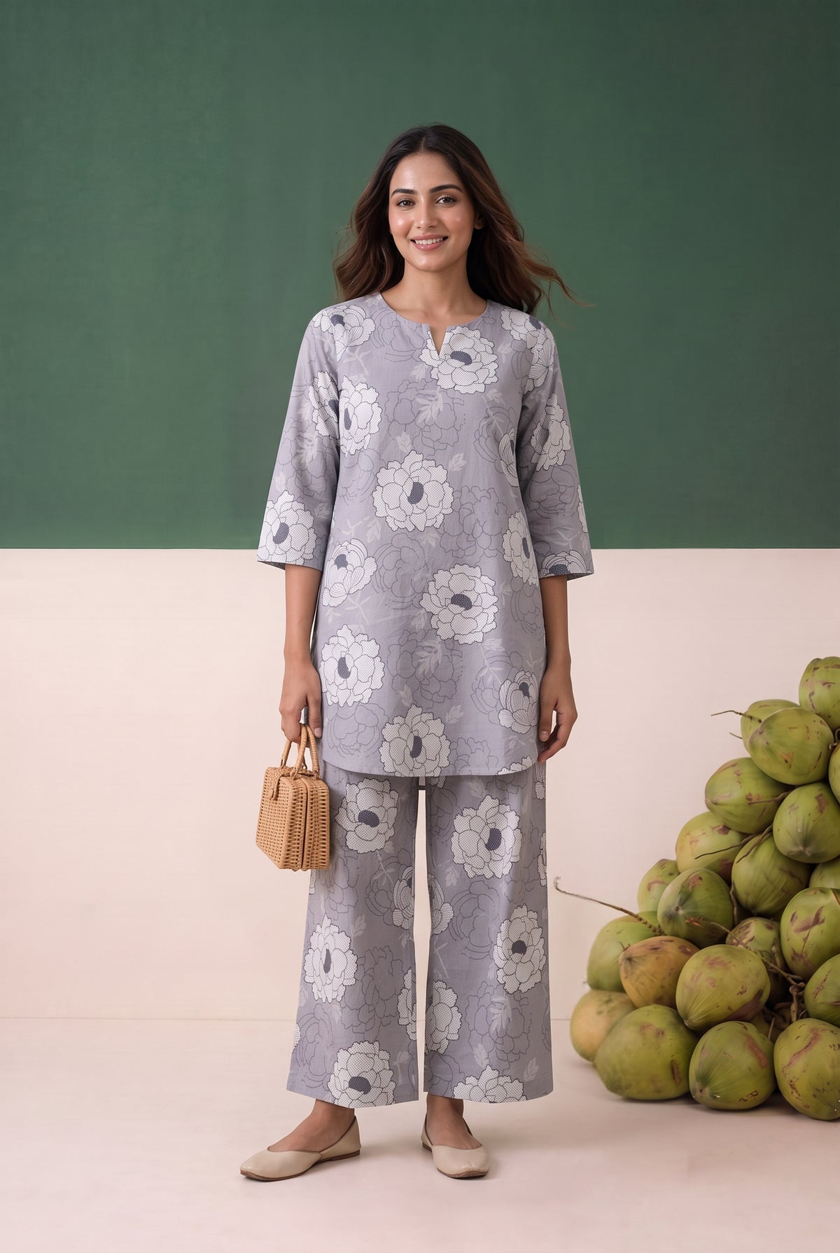 Grey Floral Printed Cotton Co-ord Set