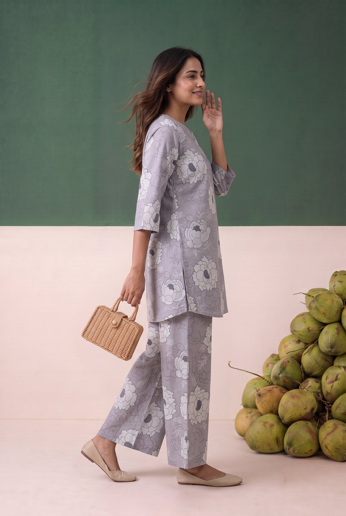 Grey Floral Printed Cotton Co-ord Set