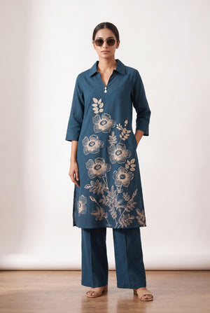Blue Botanical Sketch Printed Cotton Two-Piece Co-ord Set