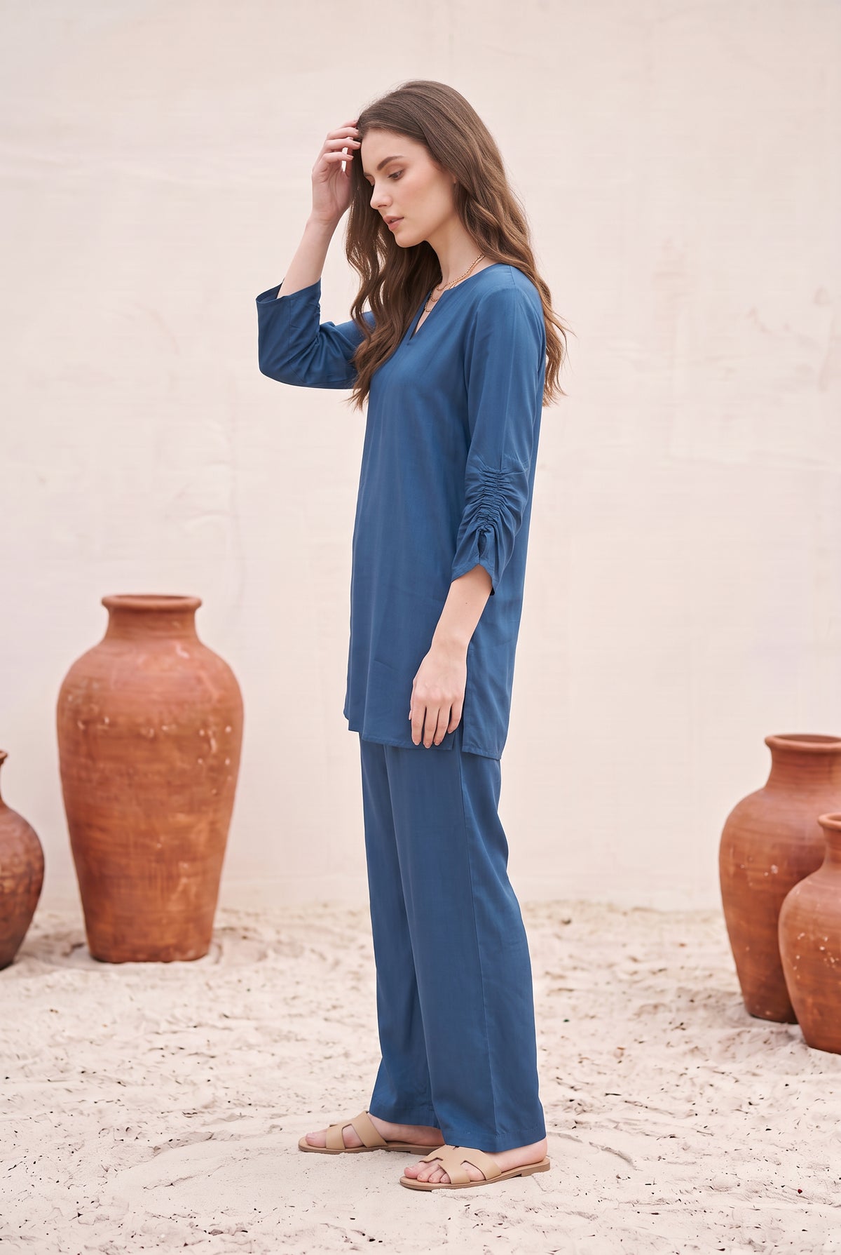 Blue Solid Russian Silk Co-Ord Set