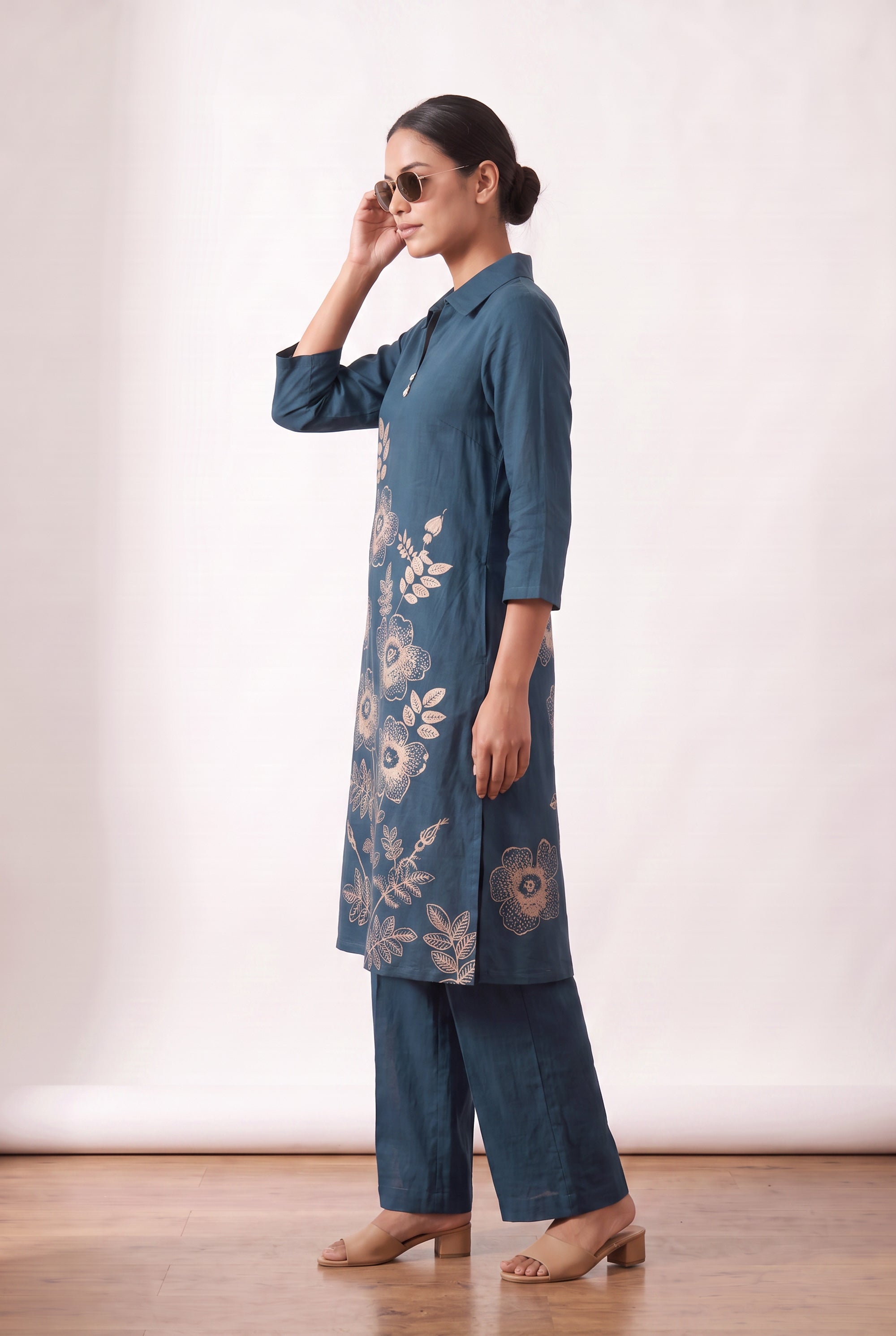 Blue Botanical Sketch Printed Cotton Two-Piece Co-ord Set