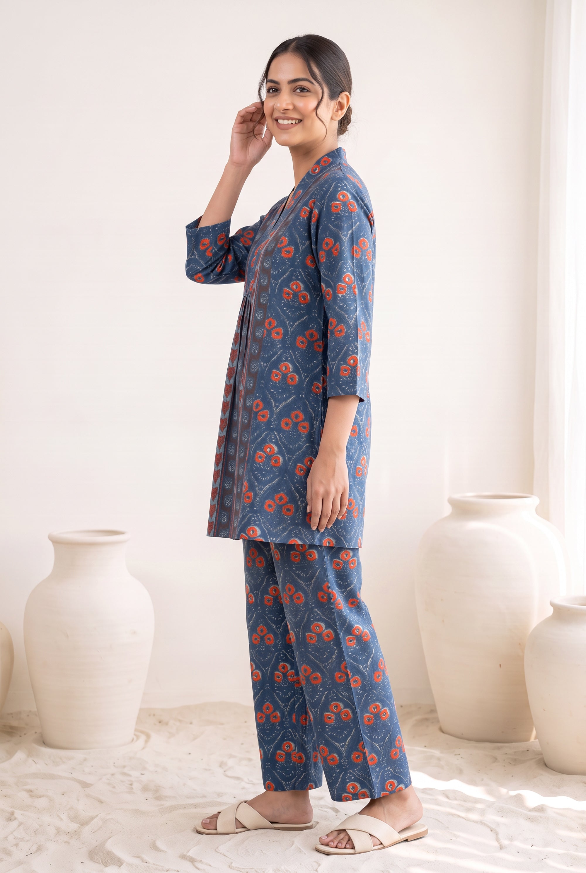 Indigo Floral Print Front Pleat Cotton Co-ord Set