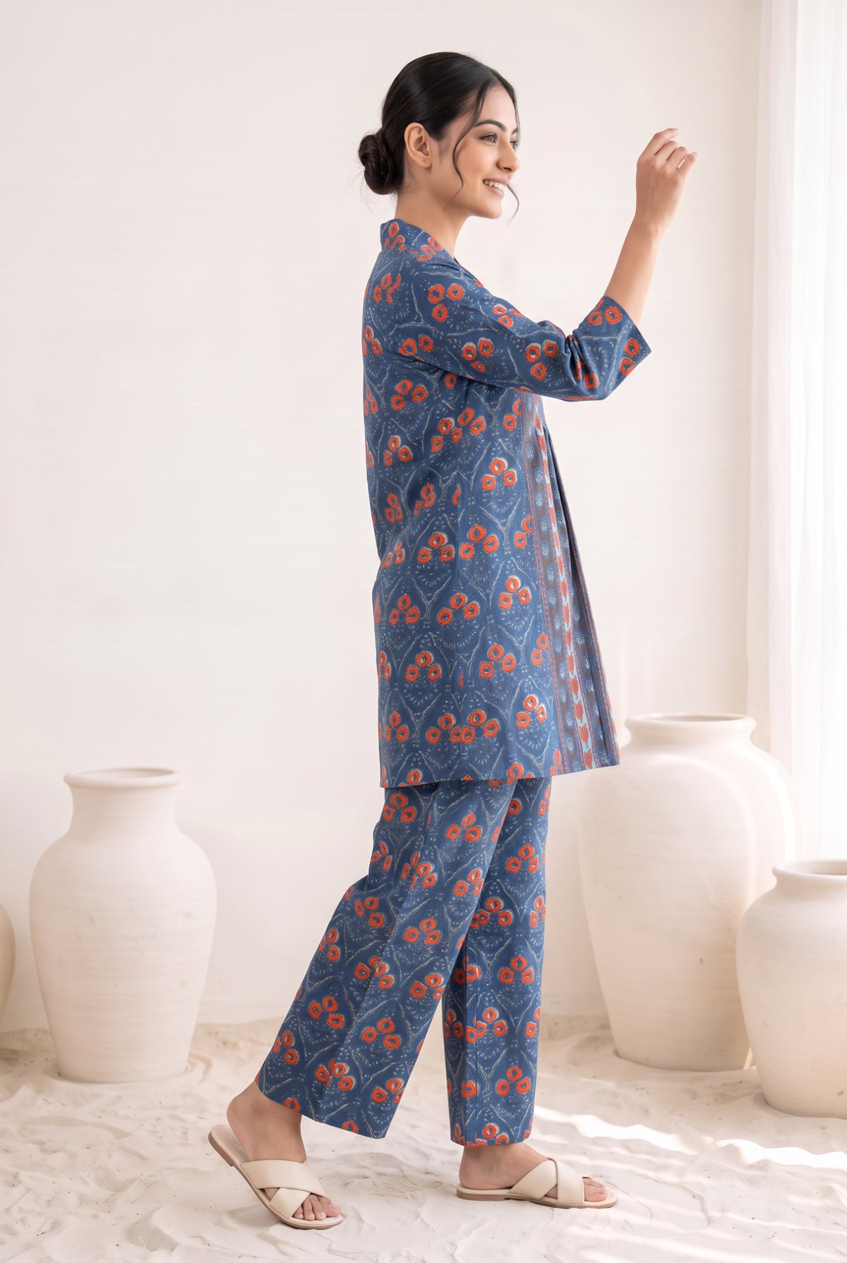 Indigo Floral Print Front Pleat Cotton Co-ord Set